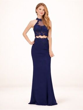 Dancing Queen Navy Beaded Lace Halter Two Piece Prom Gown Dress XL NWT